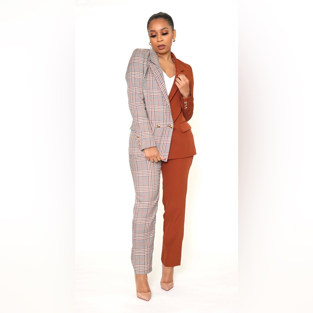 Checkered and solid half and half power suit.
